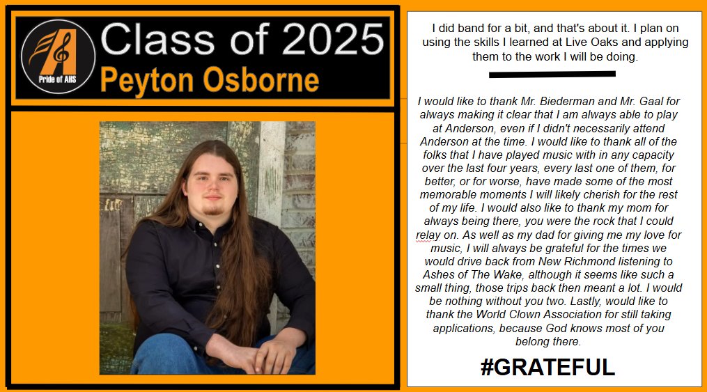 Anderson Band Senior Spotlight #8 - Peyton Osborne! 26 SENIORS in 13 days . . . We are going to miss these young men and women and their leadership SO MUCH, but can not WAIT to see what they will offer the world!  #AndersonPride #GRATEFUL <a href="/AndersonRaptors/">Anderson High School</a>
<a href="/FHSDMusic/">Forest Hills Music</a>