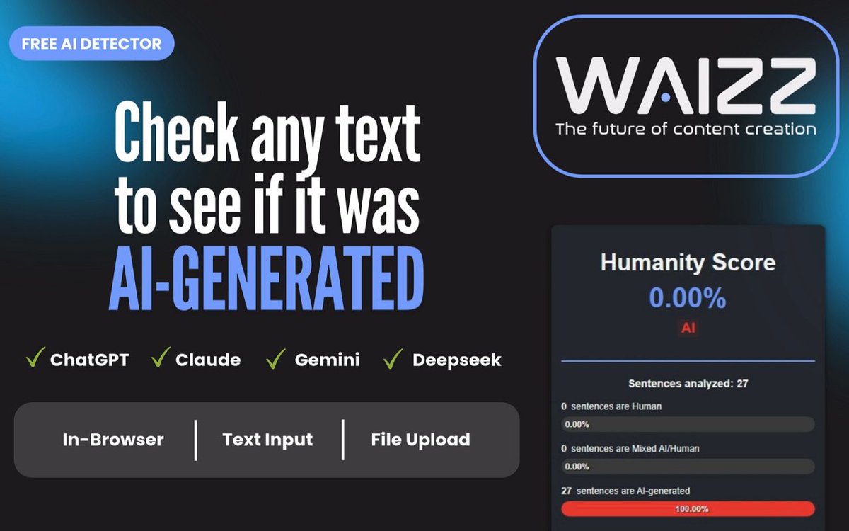 Waizz_off's tweet image. 🚀 Our Chrome extension AI detector is here! Check any text in your browser, copy-paste, or upload files. 
✅Supports 6 languages (En, Fr, It, Es, Pt, De)
✅99% accuracy
✅100% free
Try it now: chromewebstore.google.com/detail/dgiageg… #AI #Tech #ChromeExtension #ChatGPT #Gemini
