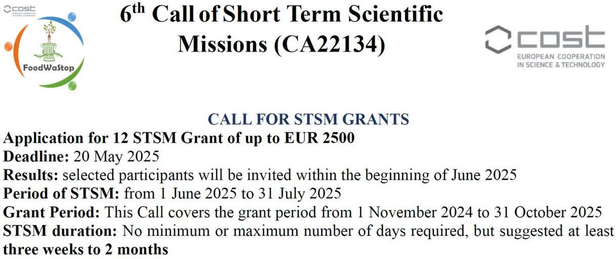 STSM is a priority for COST FoodWaStop COST CA22134 Action, and last year 39 Grants were assigned. The Core Group opened a second STSM call for 2025 with 12 available Grants, deadline on 20 May 2025, application at foodwastop.eu