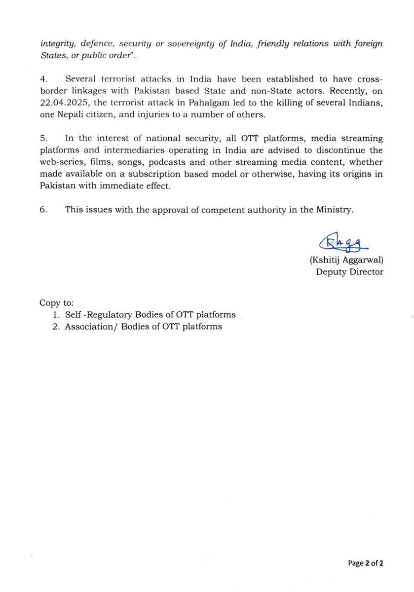 #BREAKING: India bans all Pakistani content in the interest of national security from all OTT platforms, media streaming platforms and intermediaries operating in India. 

Advised issued to discontinue web-series, films, songs, podcasts and other streaming media content, whether