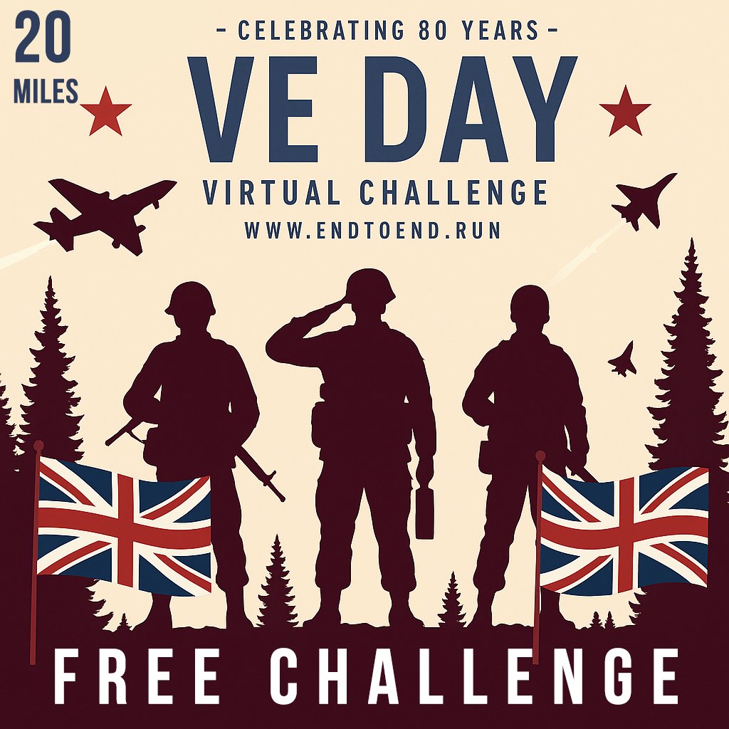 VE DAY CHALLENGE STARTS TODAY!
20 miles. One historic tribute. A medal with serious pride.
Oh and it’s FREE to join!

This is your chance to honour 80 years since Victory in Europe with movement that means something.
Sign Up: endtoend.run/ve-day/

#VEDay #veday80thanniversary