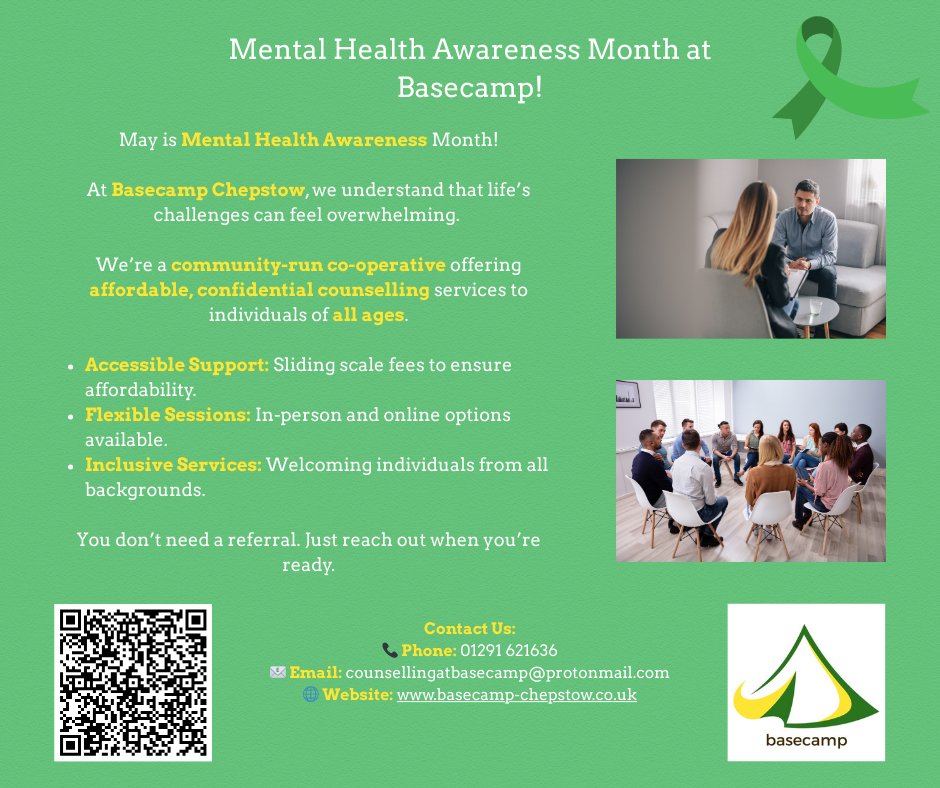 May is #MentalHealthAwarenessMonth 💚
Basecamp Chepstow offers low-cost, confidential counselling for all ages.
No referral needed. Just reach out when you’re ready.
📍Chepstow | 📞 01291 621636
🌐 basecamp-chepstow.co.uk
#MentalHealthMatters
