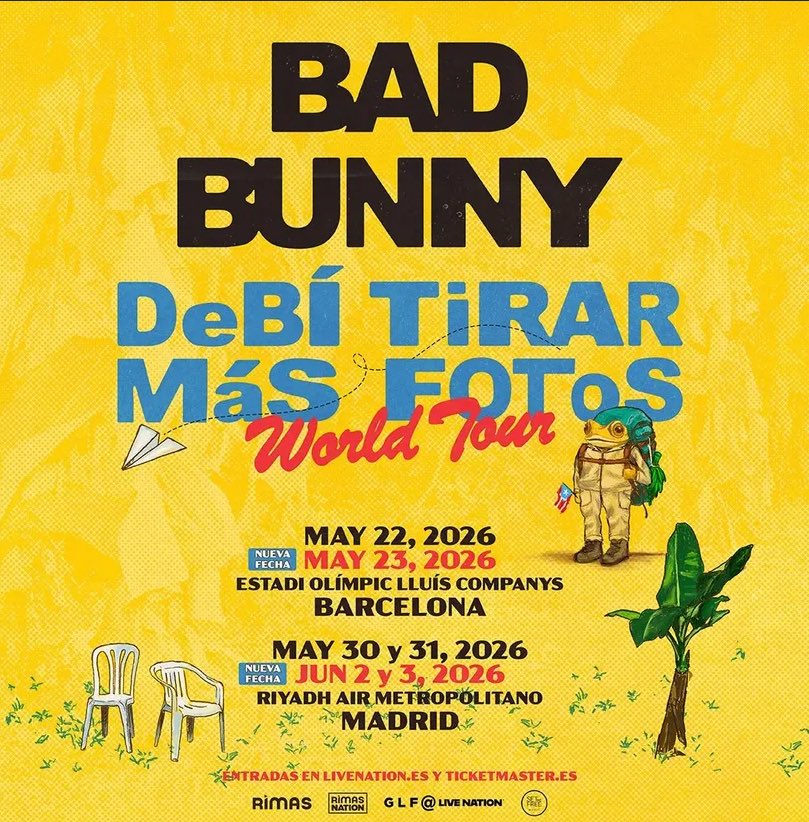 AccessBadBunny's tweet photo. 🚨NEW DATES ADDED! — Spain. 🇪🇸 

Barcelona 🇪🇸
Estadi Olimpic 🏟️
May 23, 2026

Madrid 🇪🇸
Rihyad Air Metropolitano 🏟️
June 2 &amp; 3, 2026 https://t.co/XEKZnaPsPX