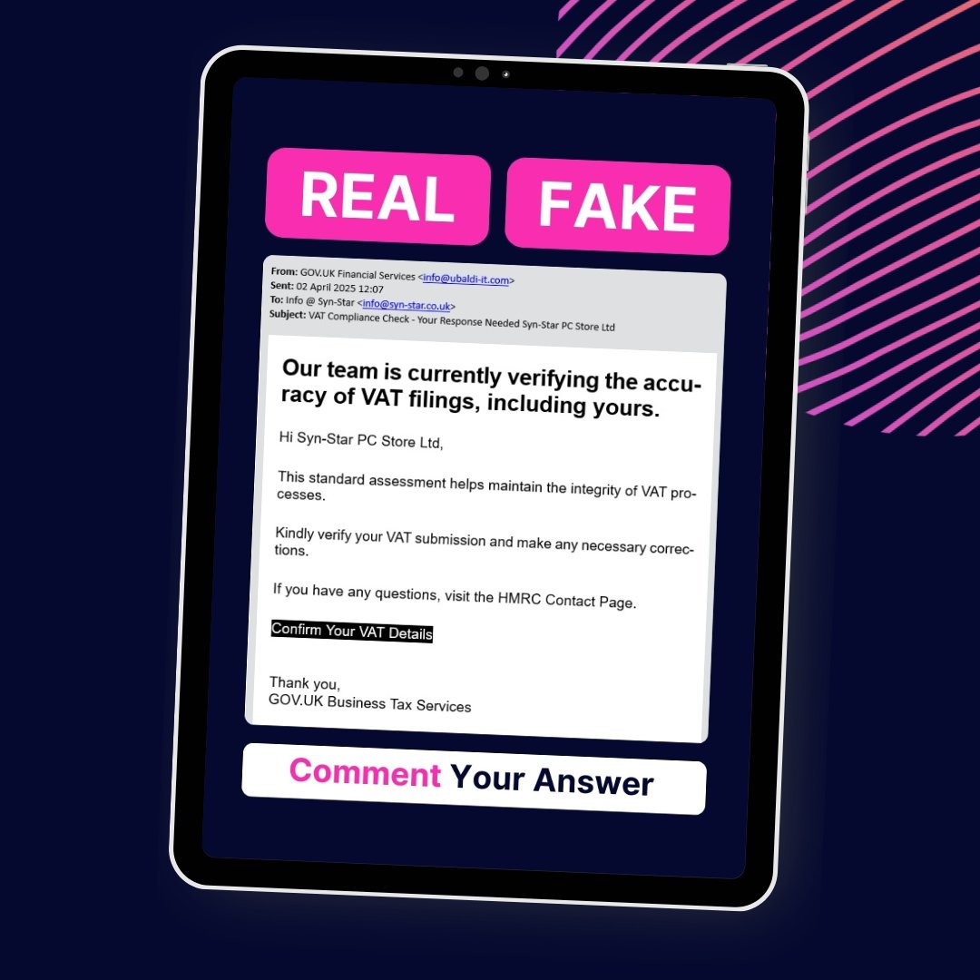 SynStarIT's tweet image. ⚠️ Can you tell whether this is a REAL or FAKE Email? ✉️🧐🤔 Comment your answer.
Could you count on your team to get it right? Cyber Security Training ➡️ hubs.li/Q03lpD_D0

#CyberSecurity #SpamEmail #PhisingEmail #EmailTest #SynStar