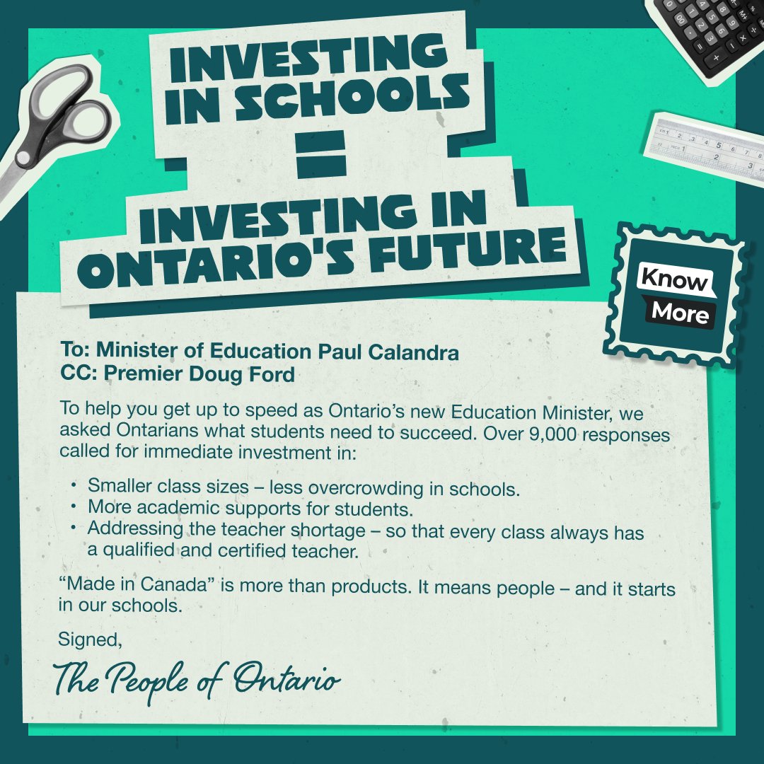 Catholic Teachers (@oectaprov) on Twitter photo Help amplify this #KnowMore postcard from our #OntEd communities.
Tell <a href="/PaulCalandra/">Paul Calandra</a> and @FordNation that "made in Canada" starts by investing in what matters most for Ontario’s future – our students. Help amplify this #KnowMore postcard from our #OntEd communities.
Tell <a href="/PaulCalandra/">Paul Calandra</a> and @FordNation that "made in Canada" starts by investing in what matters most for Ontario’s future – our students.