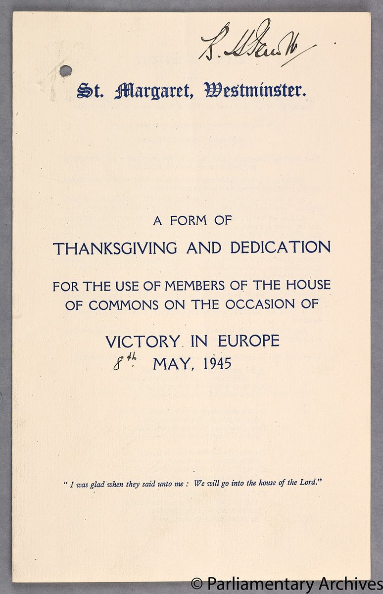 Moving on from yesterday’s VE Day image of a Speaker of the House led Thanksgiving Procession we’re now at Westminster’s historic St Margaret’s Church. As the pews filled with the great and good of both Houses this order of service detailed the reflective proceedings. #TowerVE80