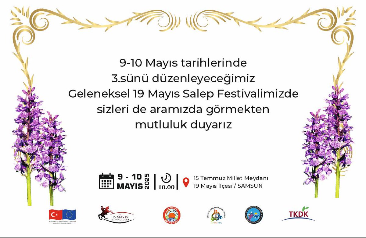 Belediyemiz katkılarıyla 3.sü düzenlenecek olan Salep Festivaline tüm halkımız davetlidir.
🗓 9-10 Mayıs 2025
🕓 10.00 (tüm gün)
📌 15 Temmuz Millet Meydanı