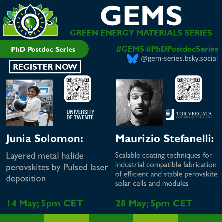 Simon Kahmann (@skahmn) on Twitter photo 📢📢📢 GEMS speakers for the month of May are here! Join us for the talks by Junia and Maurizio and hear more about the new exciting deposition techniques for halide perovskites. Spin-coating is so last year..
<a href="/GEM__series/">Green Energy Materials Series</a> #perovskites 📢📢📢 GEMS speakers for the month of May are here! Join us for the talks by Junia and Maurizio and hear more about the new exciting deposition techniques for halide perovskites. Spin-coating is so last year..
<a href="/GEM__series/">Green Energy Materials Series</a> #perovskites
