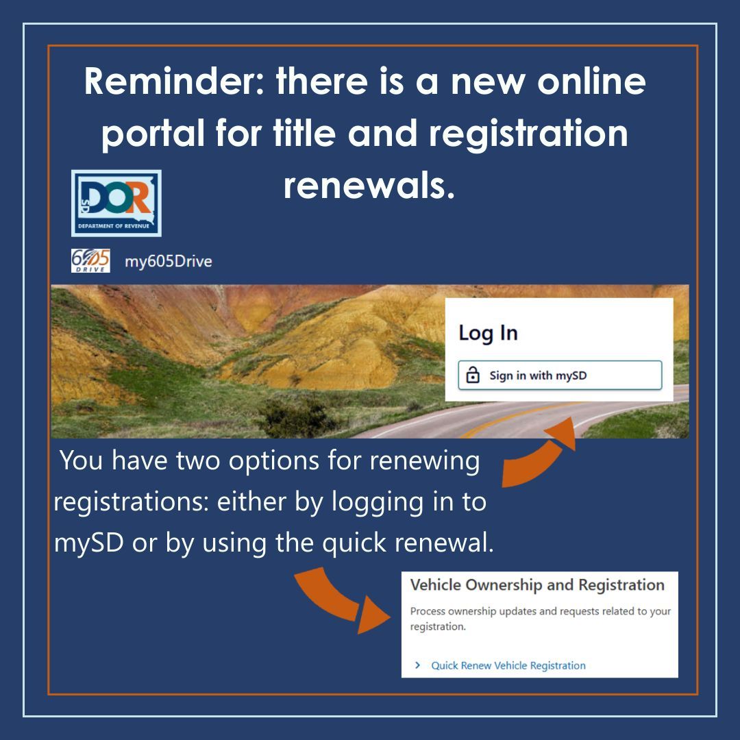 In the new 605Drive portal, there are two options for renewing their registrations: either by logging in to mySD or the quick renewal option. Explore these options here: my605drive.sd.gov/TAP/eServices/…