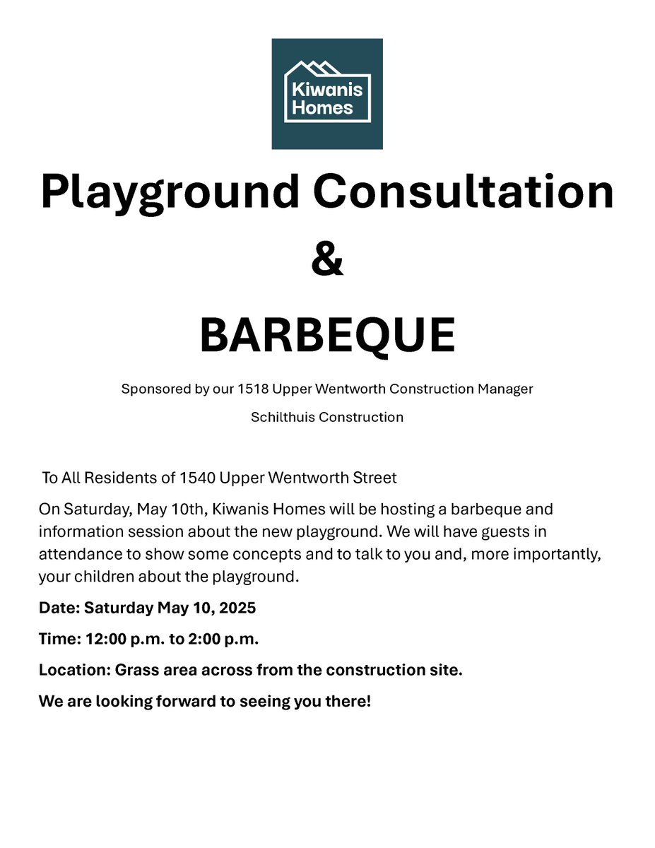 Notice to our Upper Wentworth Families:

We want your input and, more importantly, that of your kids.

We hope to see you at our New #Playground Consultation on Saturday, May 10.

Sponsored by Schuilthuis Construction

#affordablehousing #Lovewhereyoulive #HamOnt 

<a href="/PaulsEsther/">Councillor Esther Pauls (Hamilton Ward 7)</a>