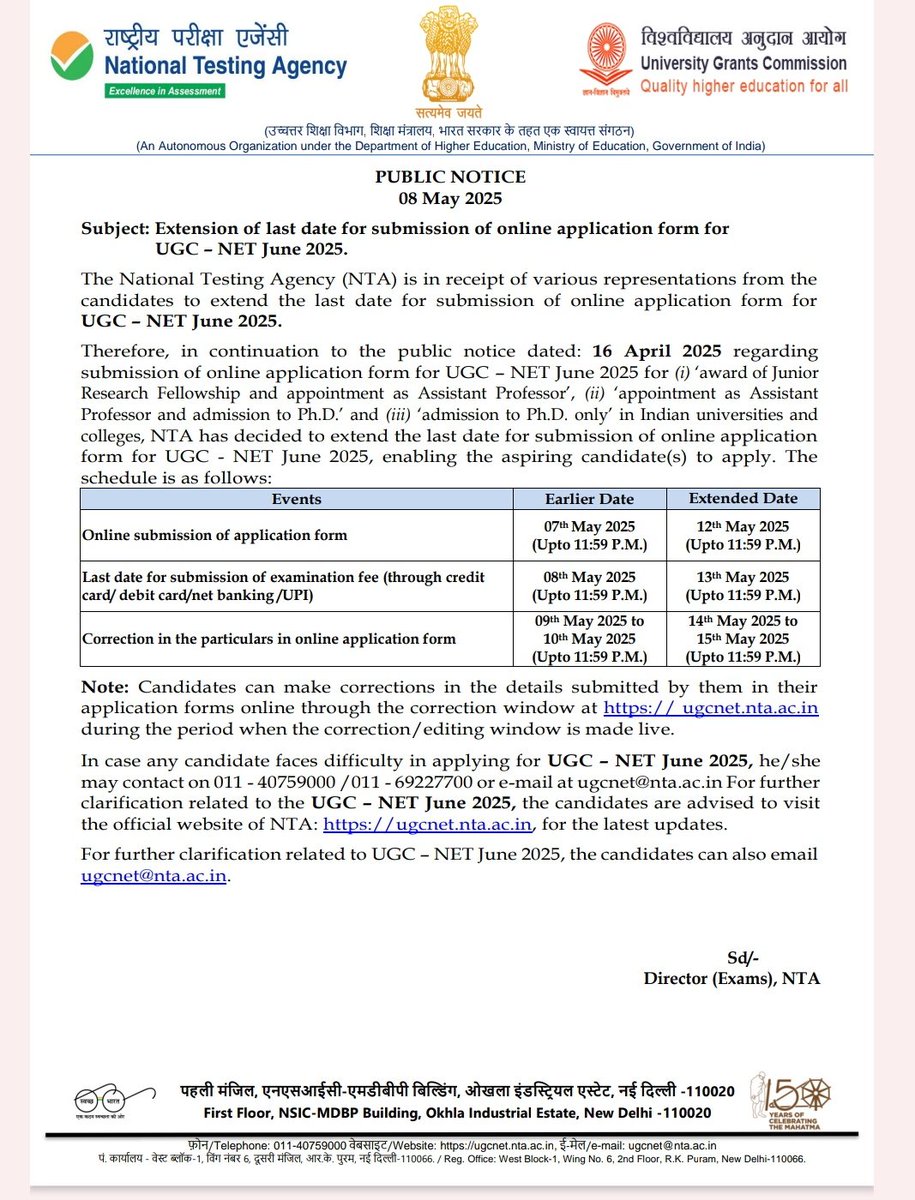 PratyayPrateek's tweet image. UGC-NET June 2025 Update: 
Deadline for online Submission of Application Form for UGC – NET June 2025 has been extended to 12th May, 2025. Those who didn&apos;t fill the form yet, hurry up..

#registrationform #dateextended
#UGCNET #ntaexam #net2025 #nta #NETJUNE #ugcnetjuneexam