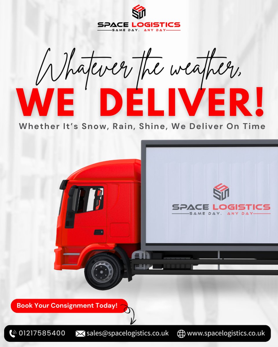 Reliable Delivery, No Matter the Weather!
From snow to rain to sunshine, we at Spacelogistics, keep your shipments moving—on time, every time. Book today!

👉 Call to book on 📲 01217585400