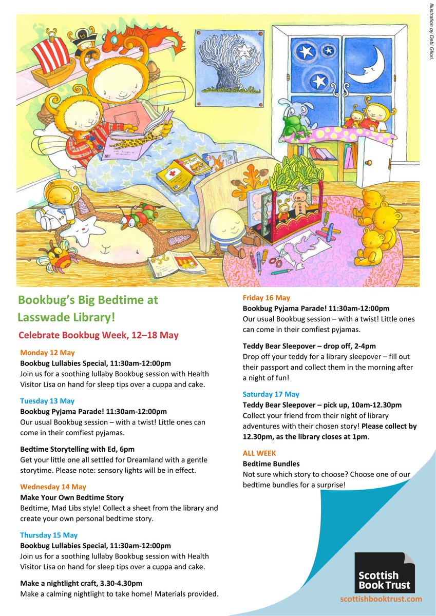 MidLibraries's tweet image. Next week is... #BookBugWeek! 

We have lots of activities across our libraries to celebrate Bookbug&apos;s Big Bedtime! 🌜💤🌠 See below for some of our special sessions, teddy bear sleepovers and more! 

Contact your local #Midlothian library for more info: ow.ly/XXCv50VOj6G