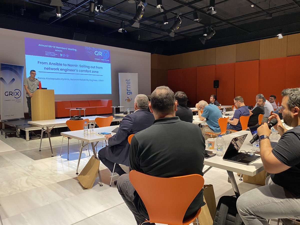 📍Happening Now!
The #GRIXMeeting2025 is live at the NLG Book Castle, SNFCC🇬🇷

🔹 <a href="/CoreWeave/">CoreWeave</a> David Flores on modern observability
🔹 <a href="/grnet_gr/">GRNET</a>, <a href="/networktocode/">Network to Code</a>, <a href="/MinDigitalGr/">Υπουργείο Ψηφιακής Διακυβέρνησης</a> diving into #NIS2, automation &amp; more

📢 Top-tier talks about networking tech!
🔗 bit.ly/3QheeMn