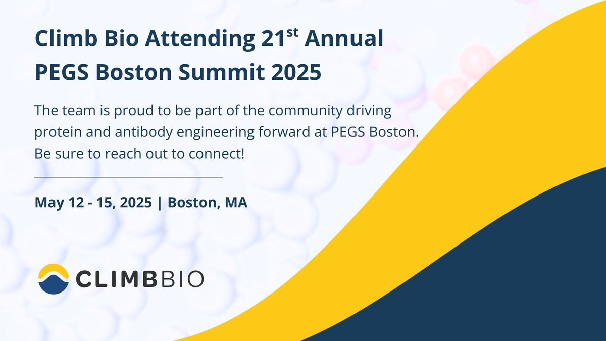 ClimbBio's tweet image. Excited to announce Climb Bio will be at PEGS Boston Summit 2025 (May 12-16)! Stay tuned for details on our poster, in partnership with @ProBioGen! 

#ClimbBio #PEGS2025 #Innovation