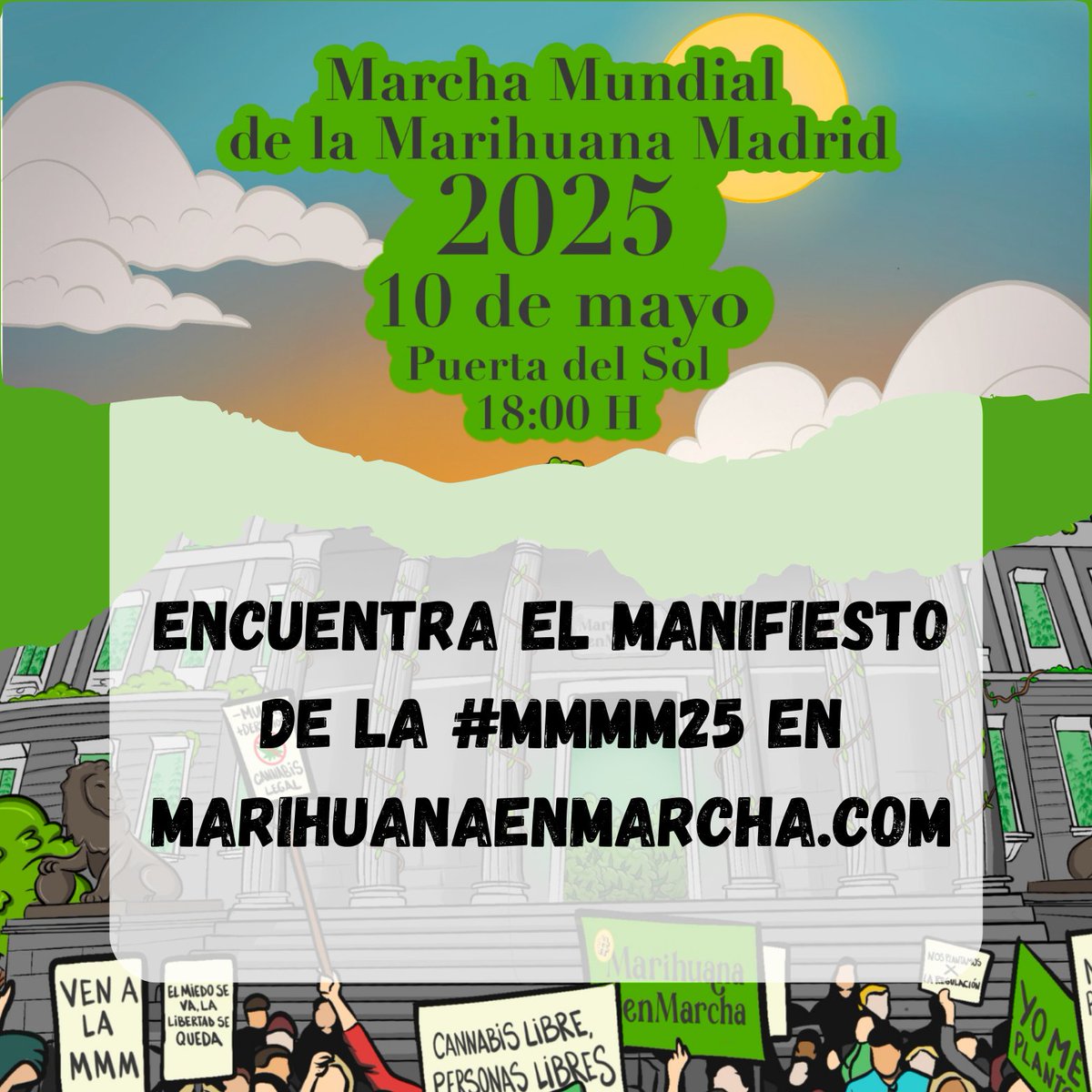 📣 ¡Ya puedes leer el MANIFIESTO de la #MMMM25!
👉 marihuanaenmarcha.com
Este 10 de mayo, Madrid se planta: por una regulación justa, sin castigo ni estigmas.
🌿 ¡Nos vemos en la calle!
#MarchaMarihuanaMadrid #CannabisConDerechos