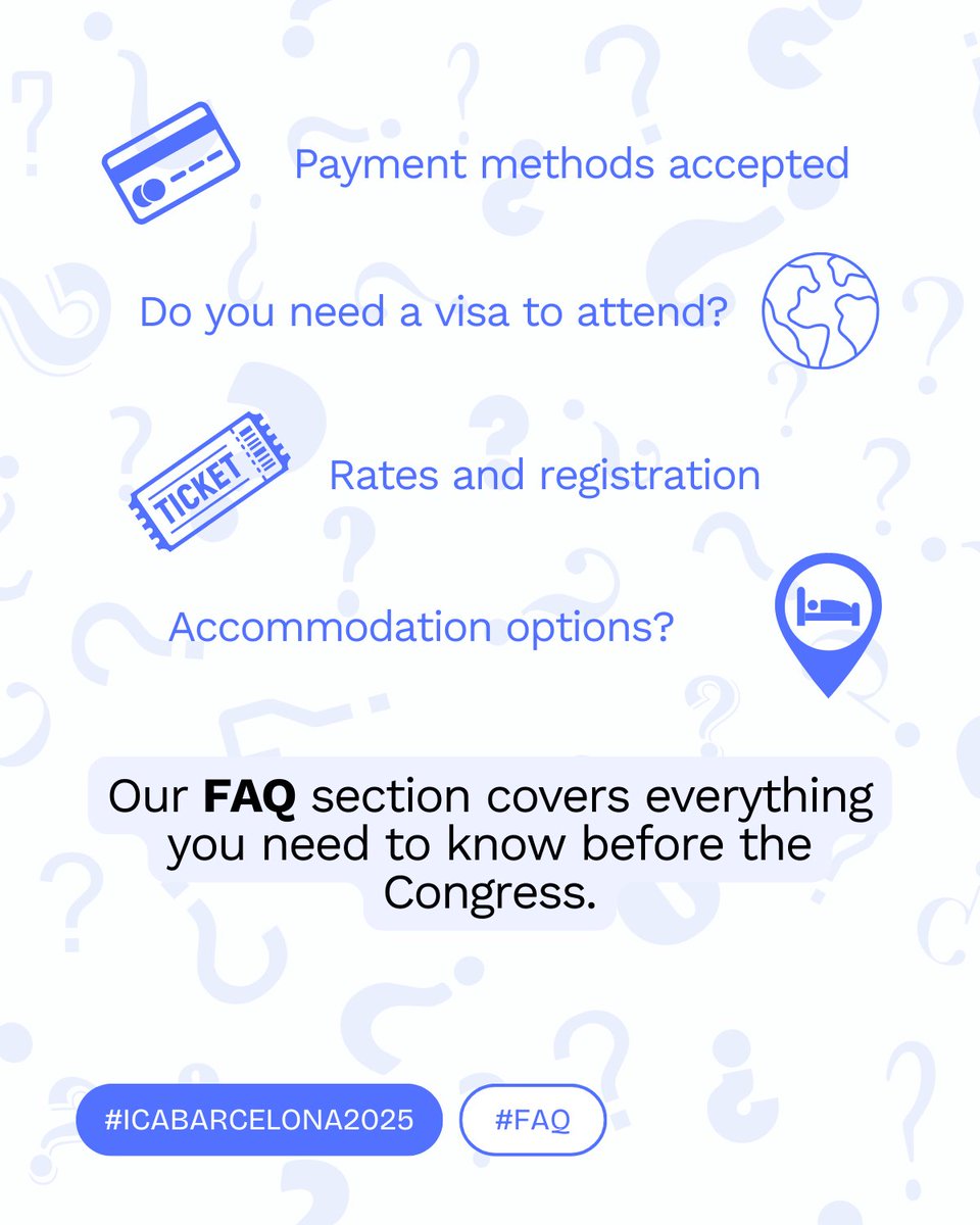 📌 Got questions about ICA Barcelona 2025? 🤔 We’ve got answers!

✳️ Payment methods accepted 💳
✳️ Reduced rates for ICA members, students, and speakers 🎟️
✳️ Details about the professional programme

Our FAQ section covers everything you need to know before the Congress.

🔗