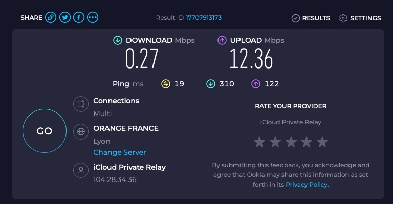 Lors d'un transfert en FTP à 3,0 Mbps, voilà ce que m'offre comme débit la fibre SFR, c'est un peu claqué au sol quand même. Et un chatbot de support qui ne répond pas grand chose ... cela pourrait être lié à l'usage du relais iCloud privé ?
<a href="/REDbySFR/">RED by SFR</a>