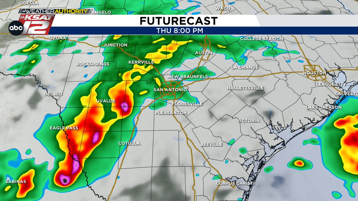 🌧RAIN CHANCE THIS EVENING (5/8/25)🌧
** Could affect evening commute
** Heaviest rain south of SA
** Last rain chance for a while 

UPDATES HERE: ksat.com/weather/2025/0…
#ksatwx