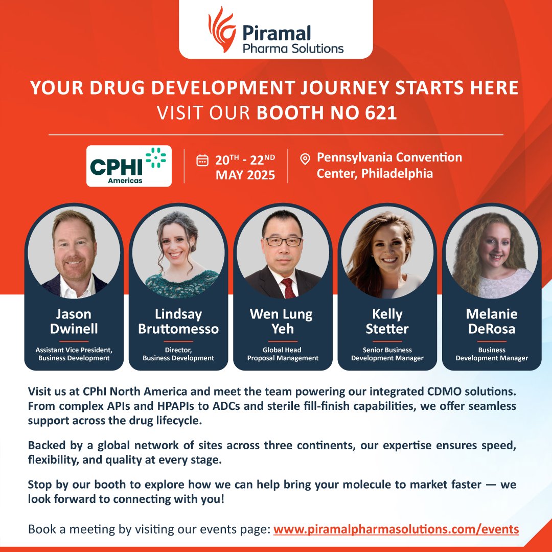 Just 1 week to go until #CPhINorthAmerica2025! Meet our expert team—Jason Dwinell, Lindsay Bruttomesso, Kelly Stetter, Melanie DeRosa, and Wen-Lung Yeh—at Booth 621.

Stop by to explore how our global #CDMO can support your API to ADC needs.

📅 May 20–22