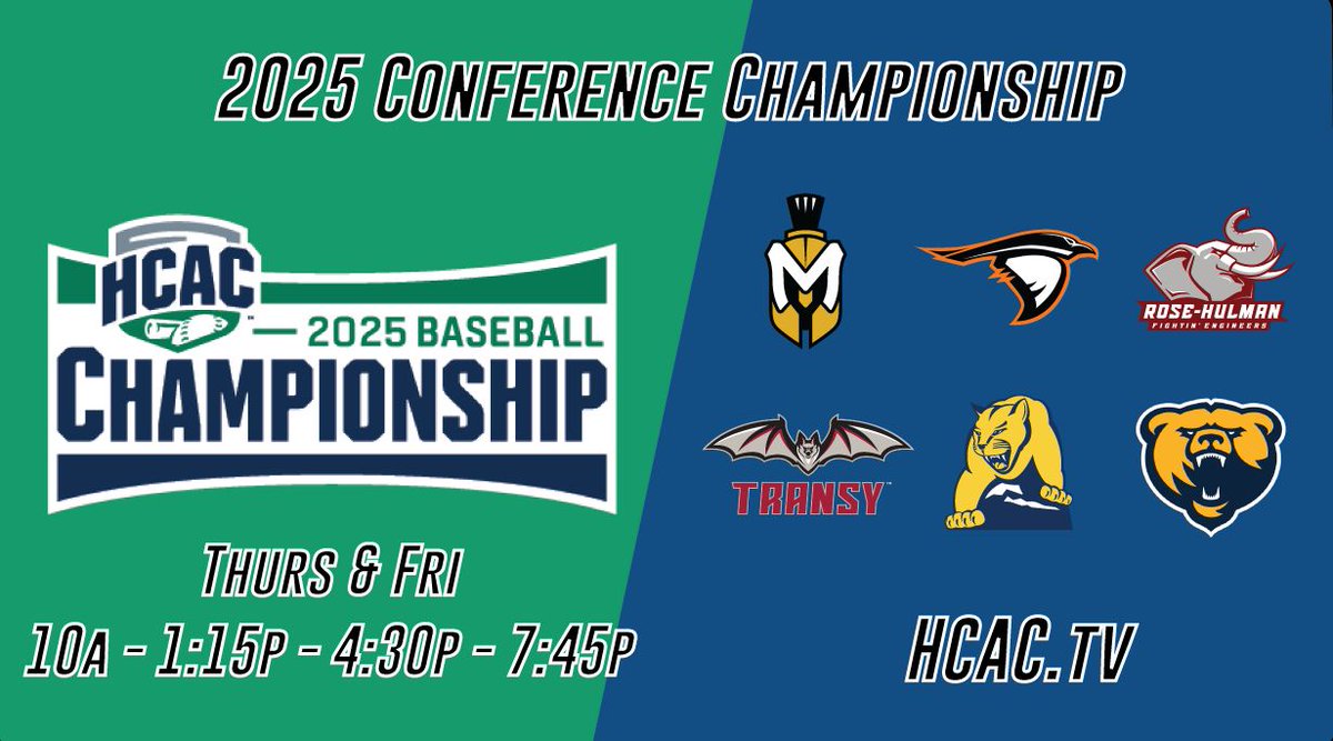 Indiana SRN (@indianasrn) on Twitter photo It's #GAMEDAY! βΎ π
2025 HCAC Baseball Championship -- Day 1
πΊ: Watch for FREE on HCAC.tv
10a ET:
No. 3 Rose-Hulman π No. 6 Franklin
1:15p ET:
No. 4 Transylvania π No. 5 MSJ
4:30p ET:
No. 1 Manchester π TBA
7:45p ET:
No. 2 Anderson π TBA
<a href="/HCACDIII/">Heartland Collegiate Athletic Conference</a> It's #GAMEDAY! βΎ π
2025 HCAC Baseball Championship -- Day 1
πΊ: Watch for FREE on HCAC.tv
10a ET:
No. 3 Rose-Hulman π No. 6 Franklin
1:15p ET:
No. 4 Transylvania π No. 5 MSJ
4:30p ET:
No. 1 Manchester π TBA
7:45p ET:
No. 2 Anderson π TBA
<a href="/HCACDIII/">Heartland Collegiate Athletic Conference</a>