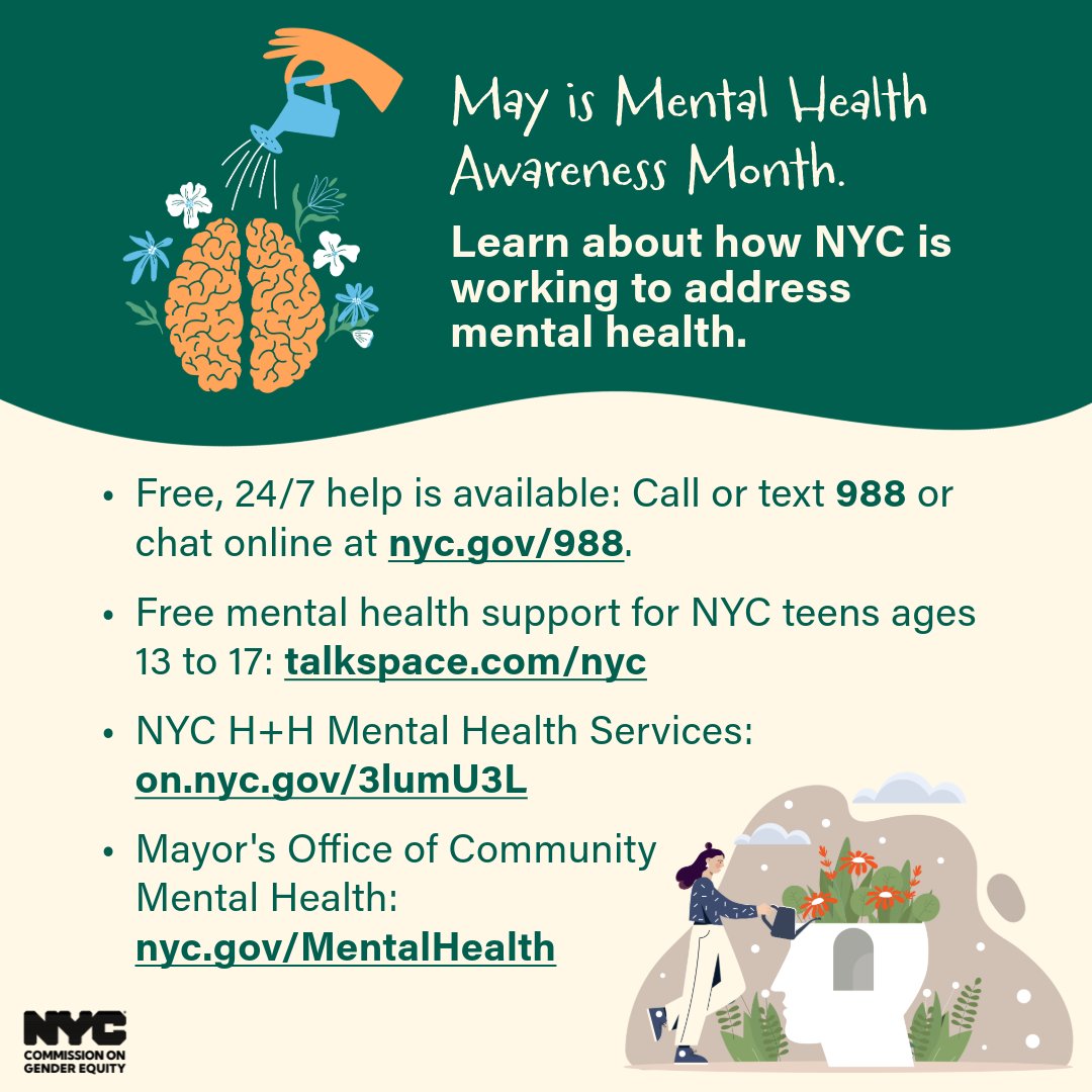 📣May is #MentalHealthAwarenessMonth. Learn how NYC is addressing mental health.
💚Confidential, free, 24/7 help📞call/text 988 💻chat online: chat.988lifeline.org
🔗Office of Community Mental Health: nyc.gov/mentalhealth
🔗 Mental Health Services: on.nyc.gov/3lumU3L