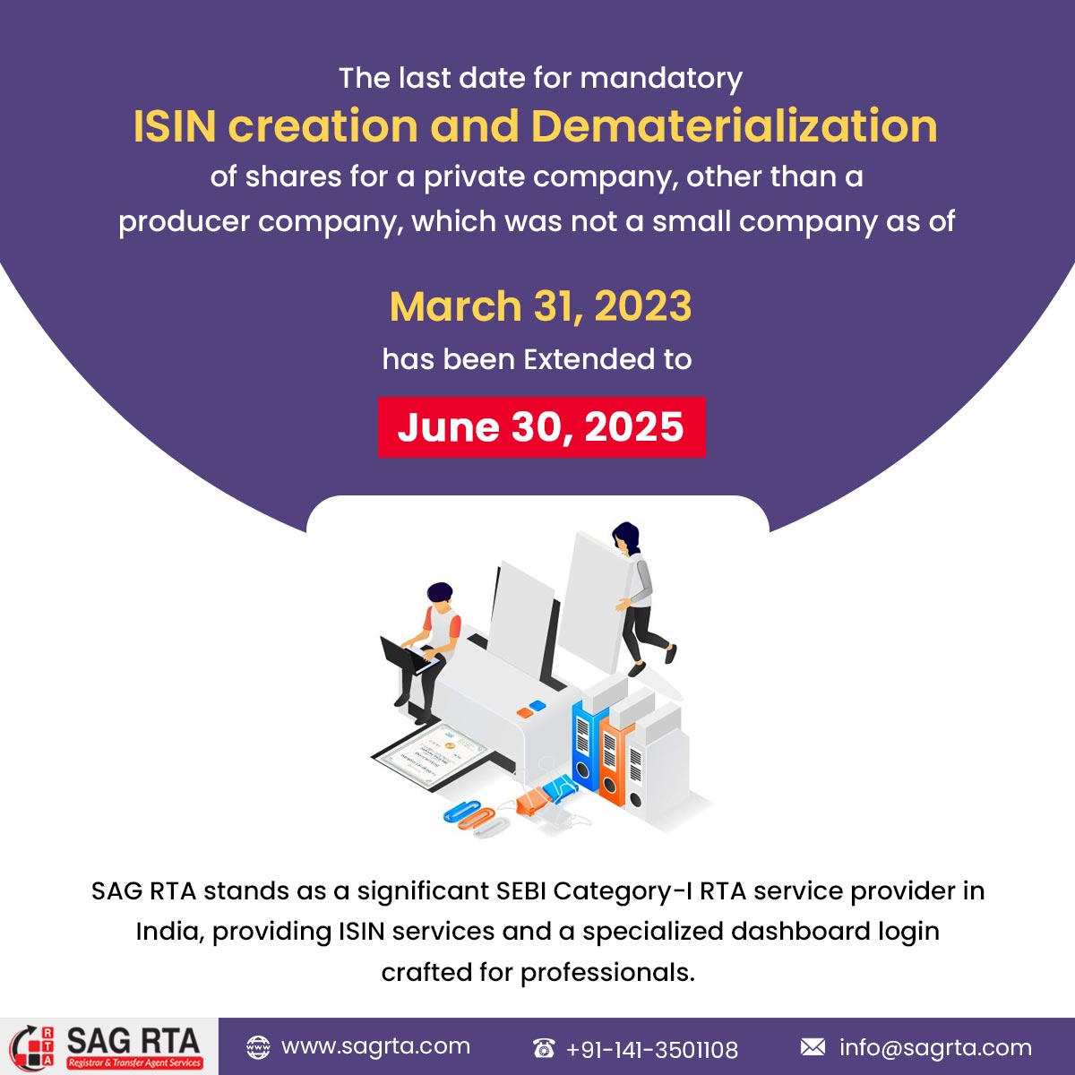sag_rta's tweet image. The deadline for mandatory #ISIN creation and share #dematerialization for eligible #privatecompanies has been extended to June 30, 2025.
Get more: bit.ly/3UwkjF9
#ComplianceUpdate #RegistrarandShareTransferAgent #RTAservices #RTAforms #RTA #sagrta #dudate