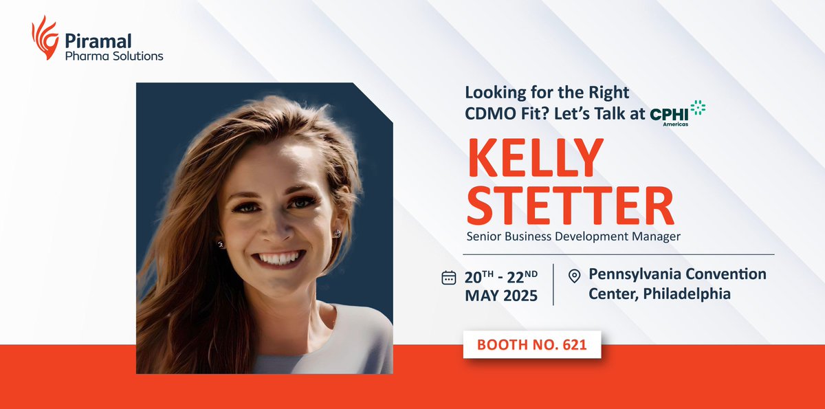 Connect with Kelly Stetter, Senior Manager of Business Development at Piramal Pharma Solutions, at #CPhINorthAmerica2025. 

Discover how our integrated #CDMO solutions support your molecule from development to delivery.

📍 Booth 621 |  May 20–22