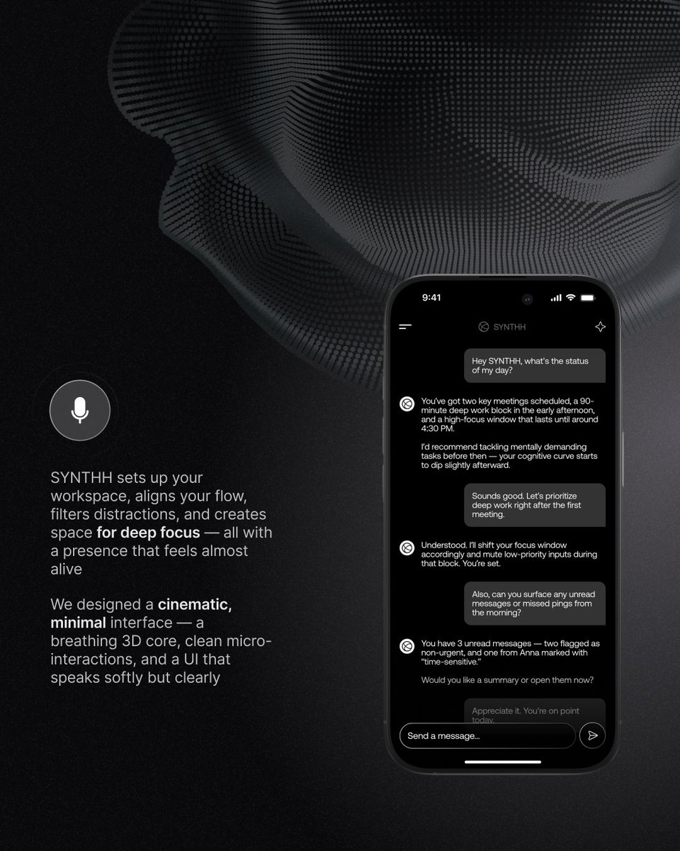 deshgrp's tweet photo. 🧬Meet SYNTHH — your neural-aligned, ambient-aware assistant that doesn’t just respond, it thinks with you.
Whether you’re optimizing focus, filtering distractions, or elevating your creative flow — SYNTHH creates space for what truly matters.
Let your digital environment work for you, not against you. 

Build your future tool — with us 🚀🛠️

#AIProductivity #NeuralUI #Web3Design #CryptoFounders #DeFiTools