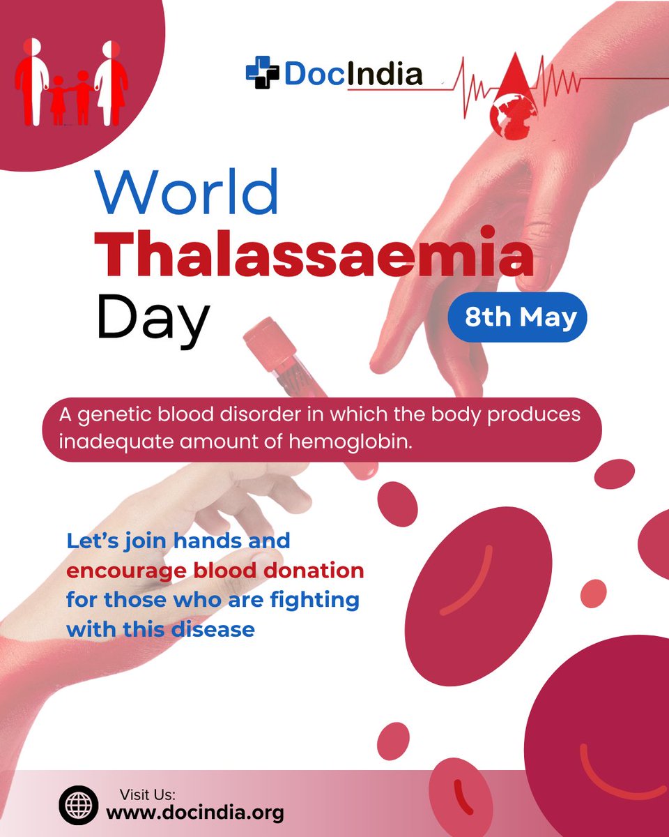 DocIndiaOrg's tweet photo. Thalassaemia is not just a condition — it’s a lifelong battle for many. Let’s raise awareness, support early diagnosis, and most importantly, donate blood to those who need it. 💉❤️
#worldthalassaemiaday #blooddonation #healthawareness #docindia #donate https://t.co/kT6F98OSdv