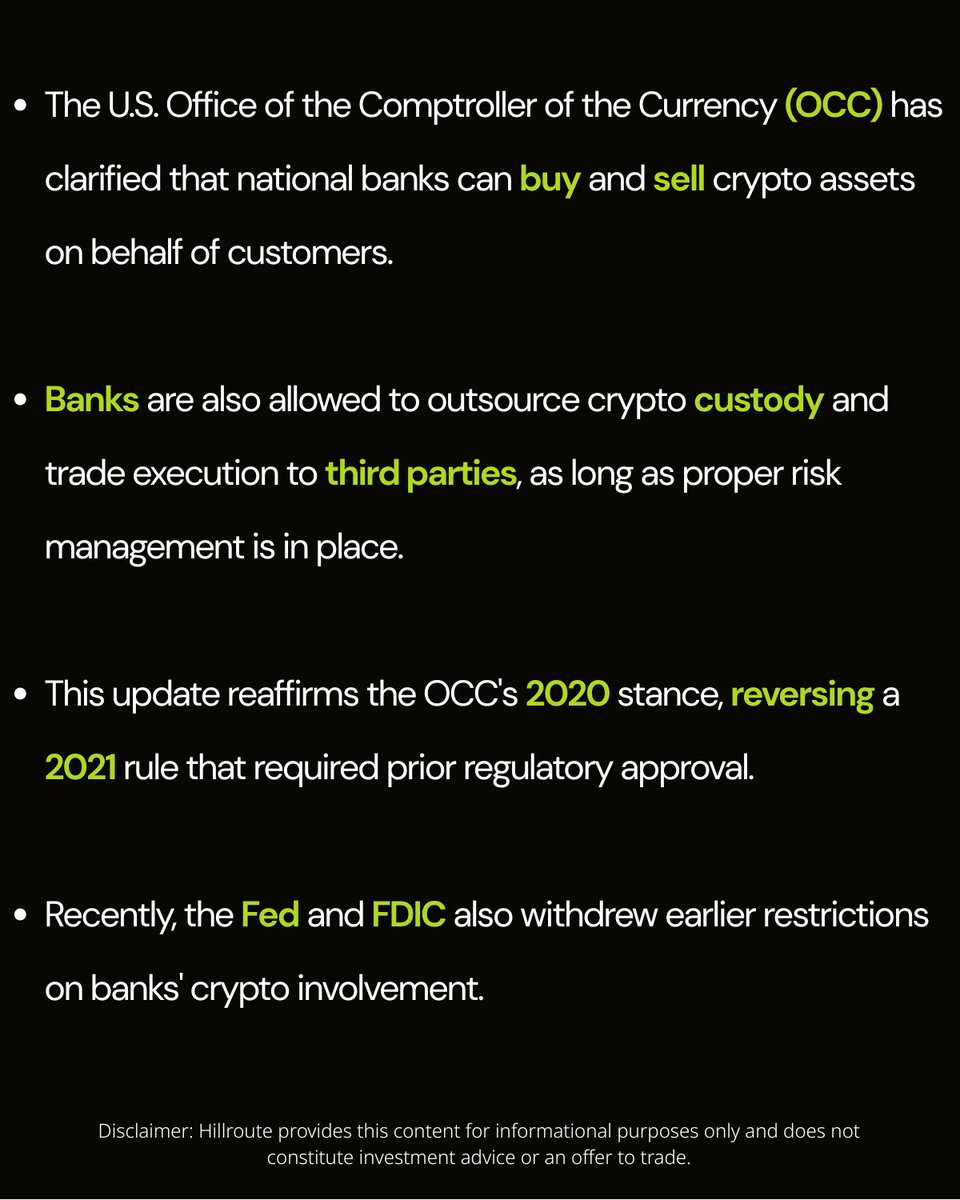 HillrouteHF's tweet photo. OCC Allows Banks to Buy & Sell Crypto for Customers
#USBanks #OCC #CryptoRegulation #DigitalAssets #CryptoCustody #Fintech #Blockchain #CryptoUpdate #CryptoPolicy #BankingAndCrypto https://t.co/l9QWcqwd1A