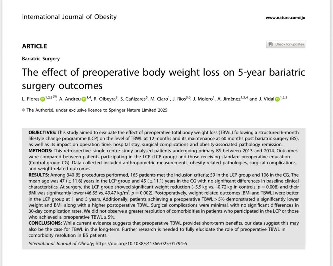 📄 Our recent research with <a href="/SpringerNature/">Springer Nature</a> in the International Journal of Obesity suggests that a 5% weight loss before #bariatricsurgery can improve long-term weight outcomes, though it doesn’t affect the resolution of obesity-related comorbidities.

rdcu.be/ekJS9