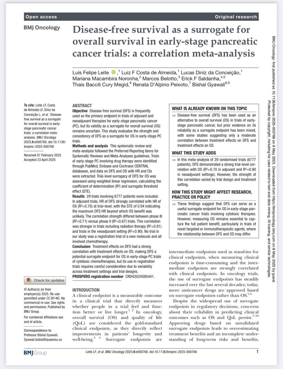 Bishal Gyawali, MD, PhD, FASCO (@oncology_bg) on Twitter photo Brand new paper just live in <a href="/BMJOncology/">BMJ Oncology</a> . In this study, we evaluate if DFS can be a reliable surrogate for OS in early-stage pancreatic cancer trials. I hope trial sponsors and trialists will find these results helpful and meaningful. Link in next comment.
Special shout out to Brand new paper just live in <a href="/BMJOncology/">BMJ Oncology</a> . In this study, we evaluate if DFS can be a reliable surrogate for OS in early-stage pancreatic cancer trials. I hope trial sponsors and trialists will find these results helpful and meaningful. Link in next comment.
Special shout out to
