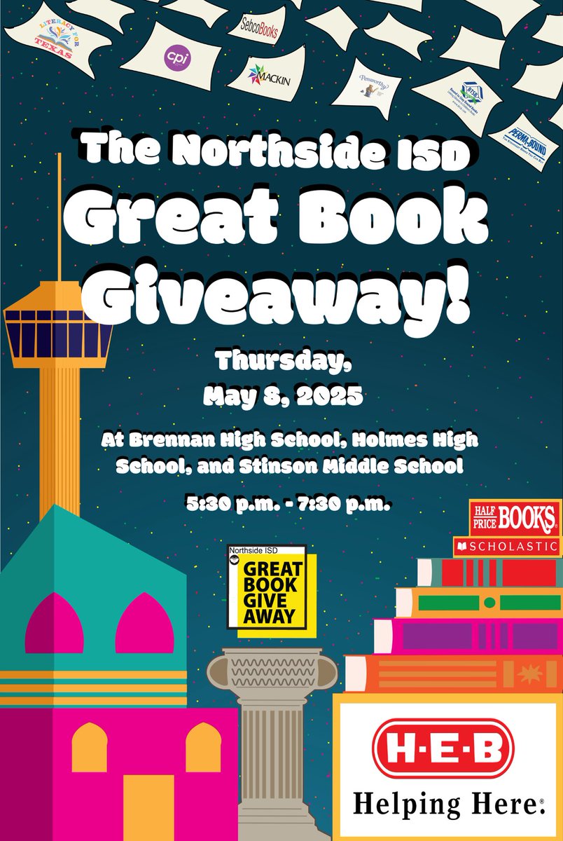 Join us for the Northside ISD Great Book Giveaway today, May 8th anytime between 5:30-7:30pm. Swing by Brennan HS, Holmes HS or Stinson MS for a bag of free books to jumpstart your summer reading!
