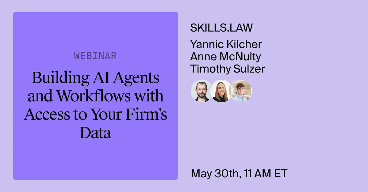 DeepJudge (@deepjudgeai) on Twitter photo 🚀 Join the webinar "Building AI Agents & Workflows with Your Firm’s Data," led by <a href="/ykilcher/">Yannic Kilcher 🇸🇨</a>, Anne McNulty and Timothy Sulzer at SKILLS Summer Seminars by SKILLS.Law.
📅 When? May 30, 11 AM ET
🔗 Register: hubs.ly/Q03lyZFD0 🚀 Join the webinar "Building AI Agents & Workflows with Your Firm’s Data," led by <a href="/ykilcher/">Yannic Kilcher 🇸🇨</a>, Anne McNulty and Timothy Sulzer at SKILLS Summer Seminars by SKILLS.Law.
📅 When? May 30, 11 AM ET
🔗 Register: hubs.ly/Q03lyZFD0