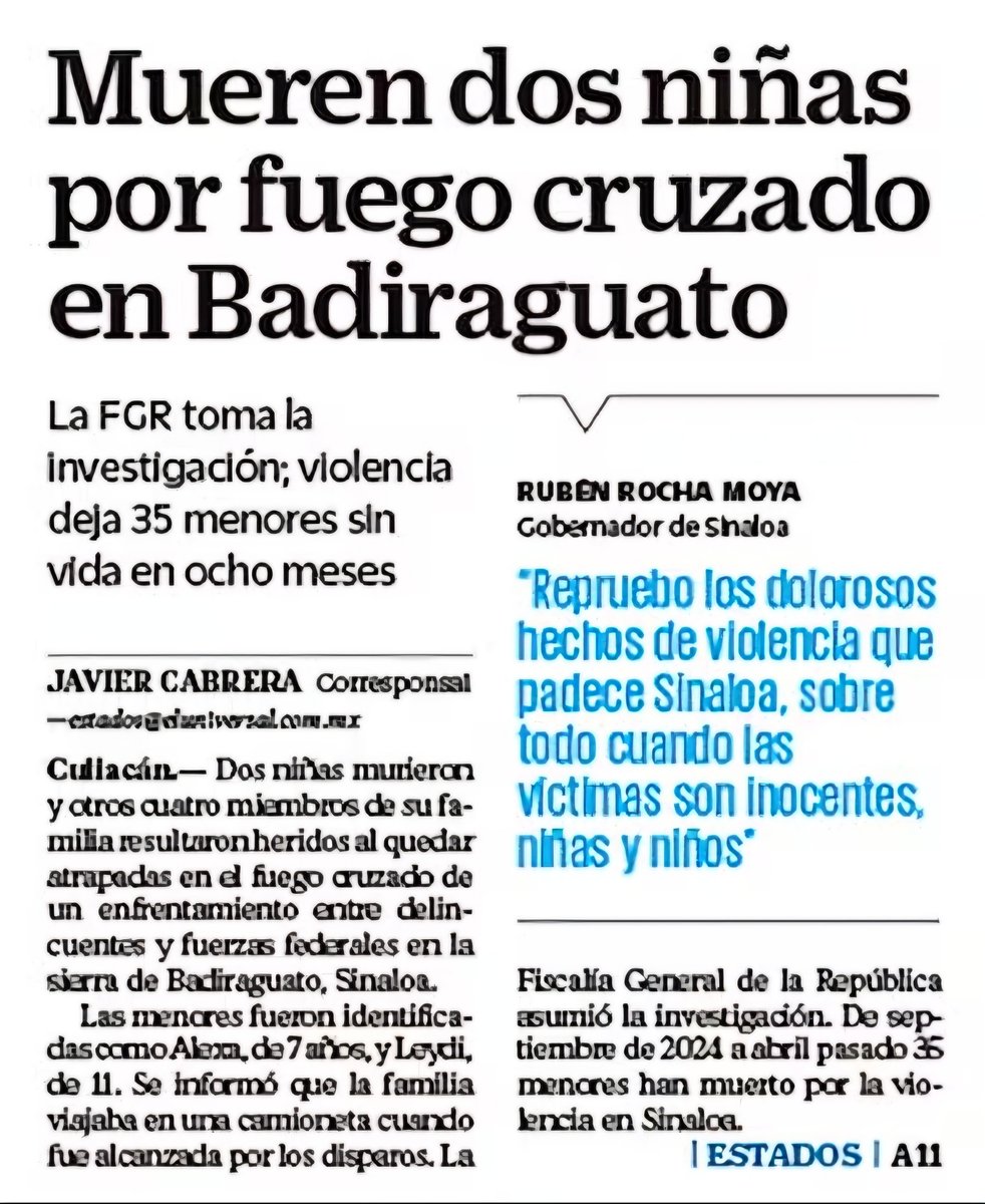 ¡ Brutal !

Van 35 menores que pierden la vida por la violencia en Sinaloa

Es la herencia MALDITA que dejó Andrés Manuel López Obrador

Vivimos en un país dónde todo se "investiga", pero no se detienen a los verdaderos culpables.

👇