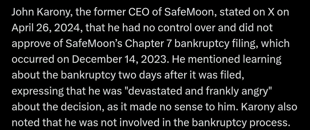 🦇 Crypto Knight (@safemoon_knight) on Twitter photo It's amusing how some think <a href="/CptHodl/">John Karony</a> handed over the keys 2 SFM to liquidate it or to purposely file bankruptcy. He handed it over to keep the operations of SFM going. He was angry and shocked that those with the keys filed for bankruptcy stating BANKRUPTCY DOESN'T MAKE SENSE!
👇 It's amusing how some think <a href="/CptHodl/">John Karony</a> handed over the keys 2 SFM to liquidate it or to purposely file bankruptcy. He handed it over to keep the operations of SFM going. He was angry and shocked that those with the keys filed for bankruptcy stating BANKRUPTCY DOESN'T MAKE SENSE!
👇
