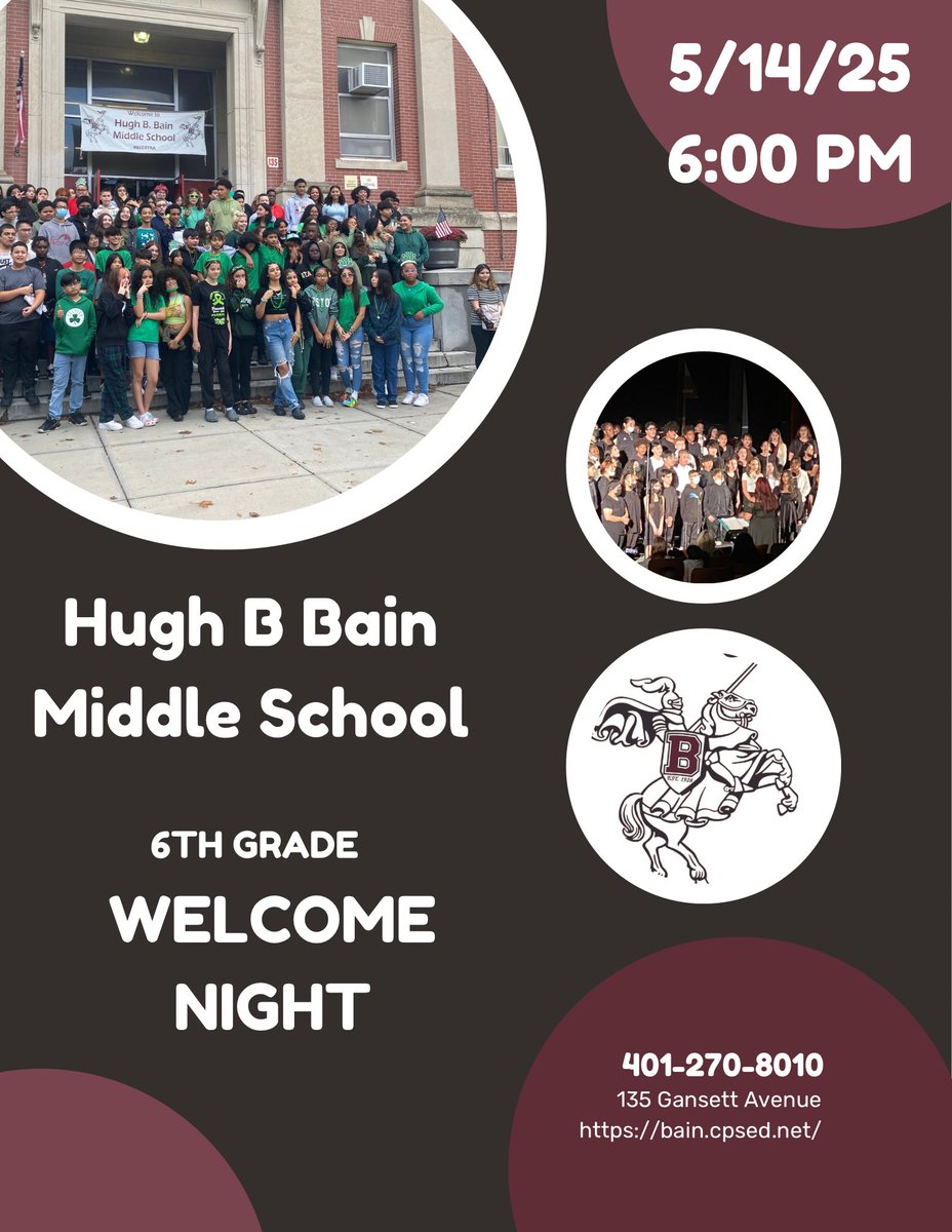 🎉 You're Invited! 🎉
Join us at Hugh B. Bain Middle School Wednesday , May 14th at 6:00 PM for our 6th Grade Welcome Night!
Come see what makes our school such a special place!
🌟 Meet our dedicated staff
🏫 Tour the building
💬 Watch our amazing student leaders in action