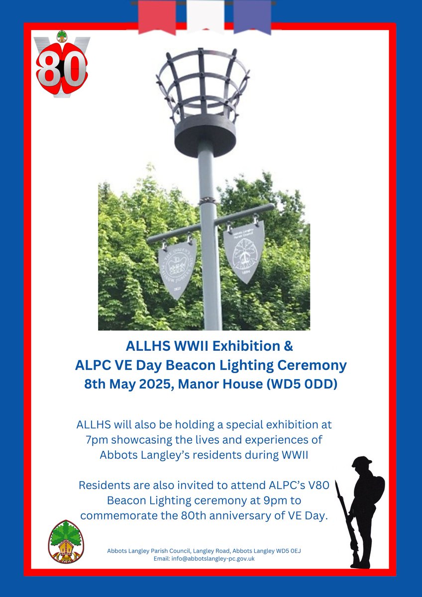 Join us tonight at Manor House Grounds (WD5 0DD) for the lighting of the <a href="/AbbotsLangleyPC/">Abbots Langley PC</a>  Beacon in honour of VE-Day! Doors open at 7:00pm for the ALLHS War Exhibit. Beacon event starts at 9pm.