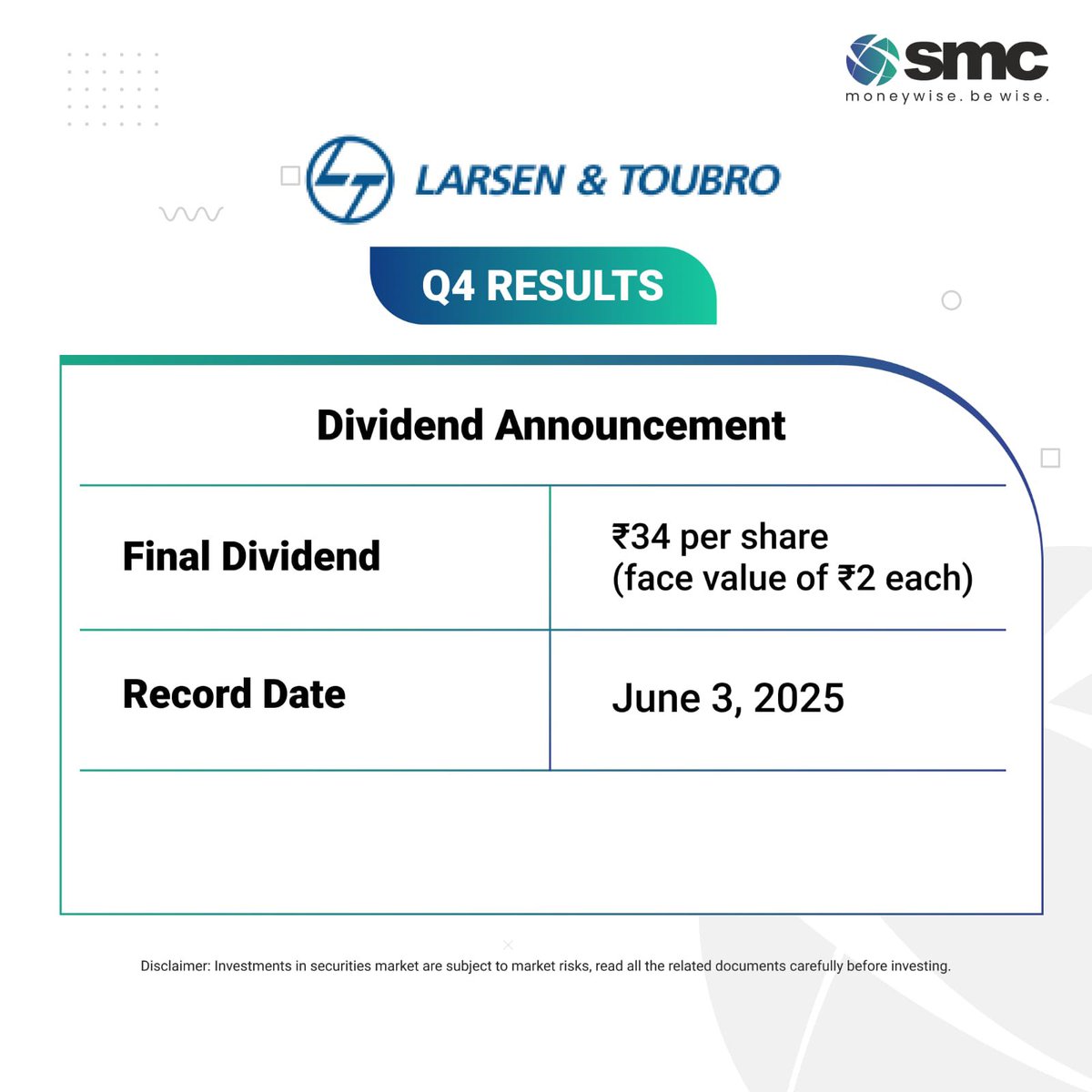 L amp T Q4 Results Out Now Net Profit surges 25 YoY to 5,497 Cr Revenue grows 11 YoY to 74,392 Cr Dividend of 34 per share announced LarsenAndToubroQ4Results EarningsGrowth Q4FY25 Q4Results Conglomerate LandT FY25... L amp T Q4 Results Out Now Net Profit surges 25 YoY to 5,497 Cr Revenue grows 11 YoY to 74,392 Cr ...