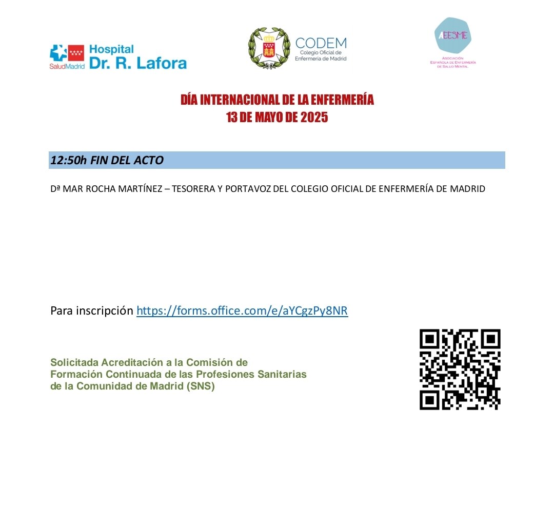 El próximo 13 de mayo, el Hospital Dr. Rodríguez Lafora abre sus puertas para conmemorar el Día Internacional de la Enfermería. Gracias por la iniciativa <a href="/AraqueIrene/">Irene Araque Criado</a>
Inscríbete aquí:💡 lnkd.in/diEg6hvJ
Se hablará de lo llevado en el último congreso de la <a href="/_AEESME/">AEESME</a> 🫂