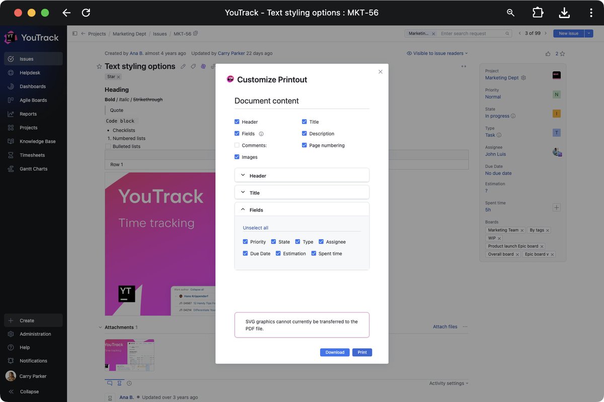 Share task content from YouTrack with the Custom Printout app by twenty20. This app lets you print the selected task content or export it as a PDF file. Get it now: jb.gg/ytCPAx