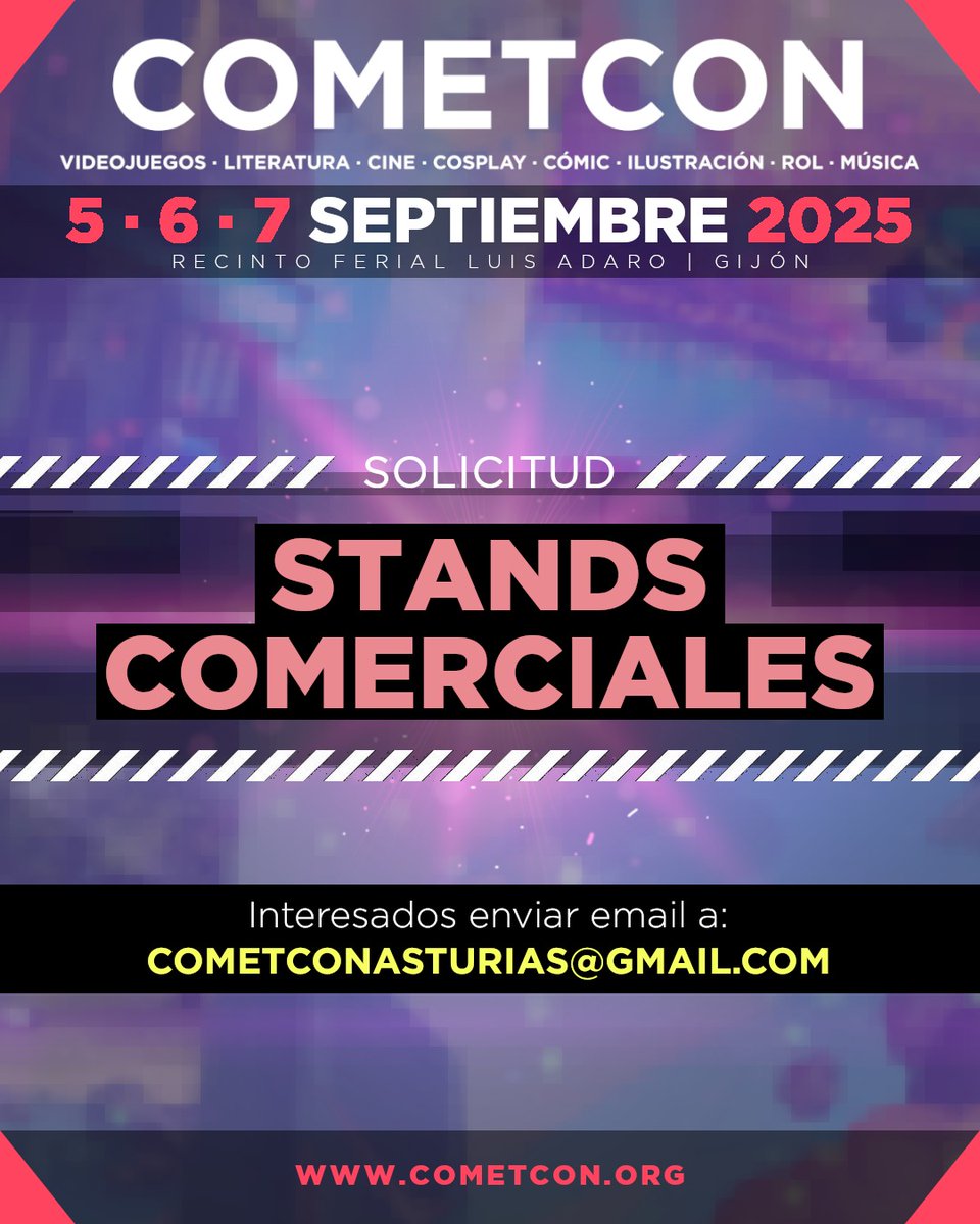 CometCon Asturias (@cometcones) on Twitter photo ✨APERTURA DE SOLICITUDES DE STAND✨
Ya podéis solicitar vuestro stand en #CometCon25 🙌
Estamos deseando contar con vuestro talento un año más en el evento de ocio alternativo más grande de Asturias 💥
Más info -> cometconasturias@gmail.com ✨APERTURA DE SOLICITUDES DE STAND✨
Ya podéis solicitar vuestro stand en #CometCon25 🙌
Estamos deseando contar con vuestro talento un año más en el evento de ocio alternativo más grande de Asturias 💥
Más info -> cometconasturias@gmail.com