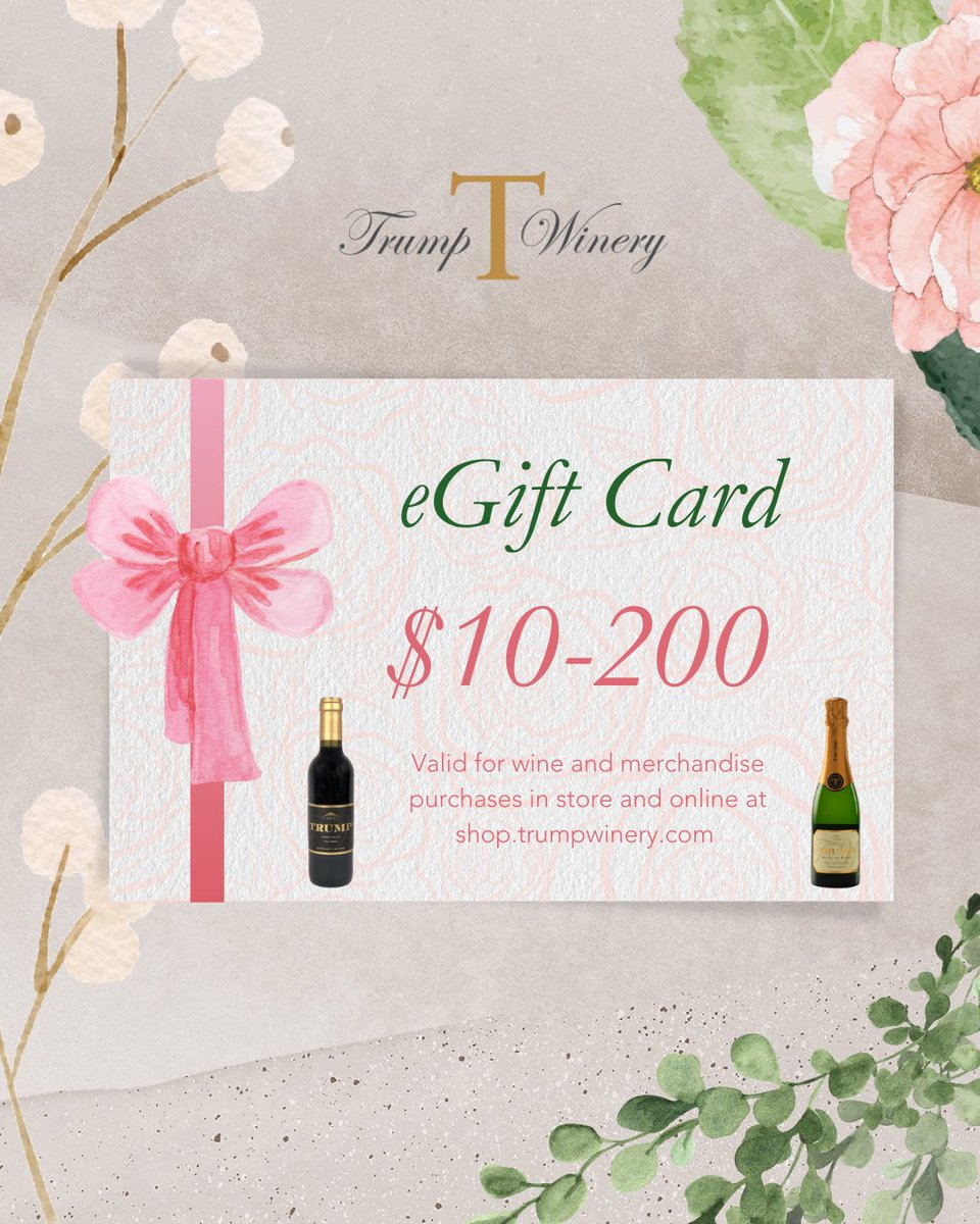 Still looking for a last-minute Mother's Day present? Give her the gift of wine with a Trump Winery eGift Card! 🍷
Ranging from $10 to $200 our gift cards are the perfect way to surprise Mom with a gift you know she'll truly love. ☺️

Order now at loom.ly/u-LAyhc