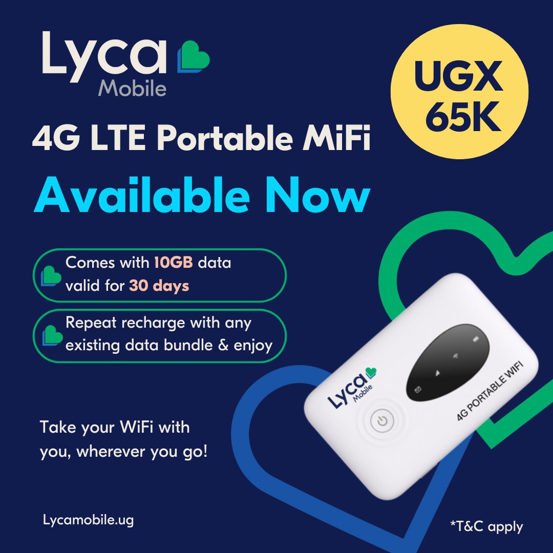 Say hello to fast, reliable internet on the go! 📶🔥
✅ Connect up to 10 devices
✅ Affordable data bundles
✅ Perfect for home, work, or travel

Stay connected wherever you are with Lycamobile MiFi.
Grab yours today and experience the freedom of wireless data!