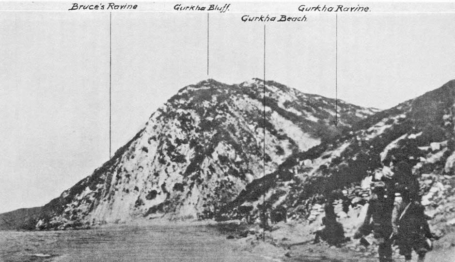 The  enemy had converted the bluff into a powerful bastion, from which the  fire of MGs had held up the left of our attacks. Two gallant  attempts by the Royal Munster Fusiliers and the Royal Dublin Fusiliers to establish a footing on this cliff on the 8 &amp; 9 May had failed