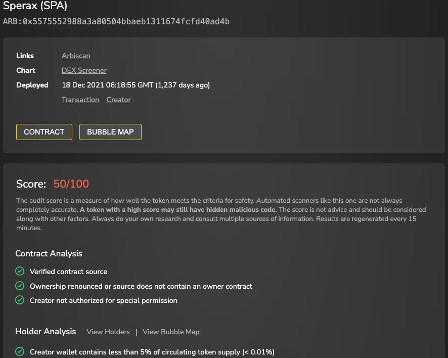 SperaxUSD's tweet photo. The impact of SIP-70 is becoming visible.

Token Sniffer has updated $SPA score to 50/100, recognizing the renouncement of ownership. https://t.co/R2x54gZsuh