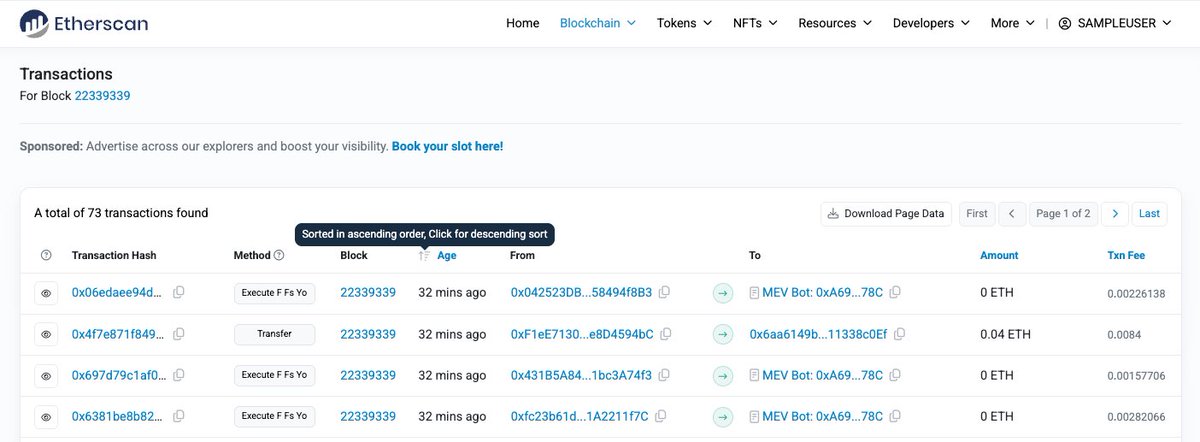 etherscan's tweet image. Sort transactions from the start of a block to more intuitively follow their sequence

Example: etherscan.io/txs?block=2233…