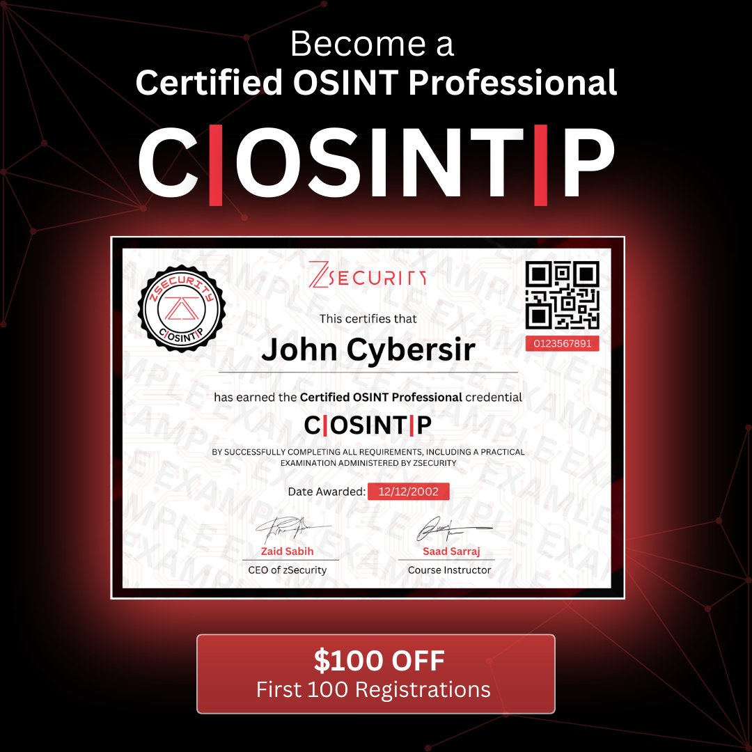 🚨Become a Certified OSINT Professional with our new C|OSINT|P Certification! 🚨

Earn a verifiable certification to validate your OSINT skills to employers!

First 100 registrations get $100 OFF the exam!

New to OSINT? Start with our Learn OSINT from Scratch course - bundle it