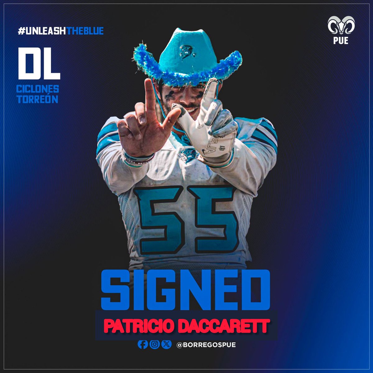 Con la firma de Patricio Daccarett, Borregos Puebla continúa fortaleciendo su línea defensiva. Es el tercer DL de la Clase del 25.

Proveniente de Torreón, Patricio es el primer Ciclón (Ciclones - LEFAN) que recluta la unidad comandada por el coach Fernando Ruiz en la defensa del